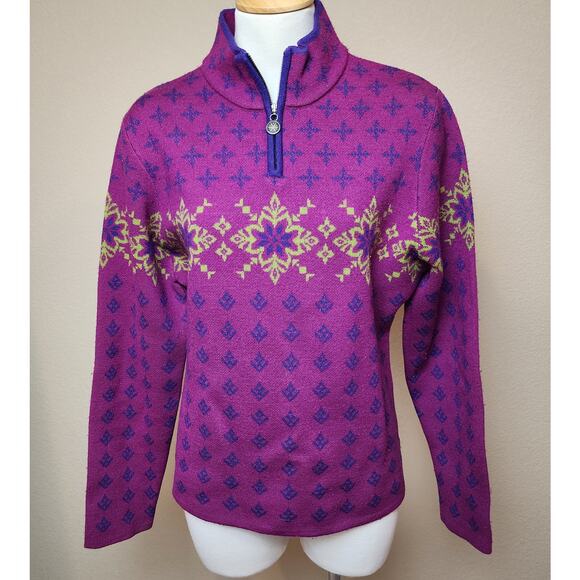 Neve Womens Lg 100% Wool 1/4 Zip Tight Knit Long Sleeve Ski Sweater Purple Green - Picture 1 of 6